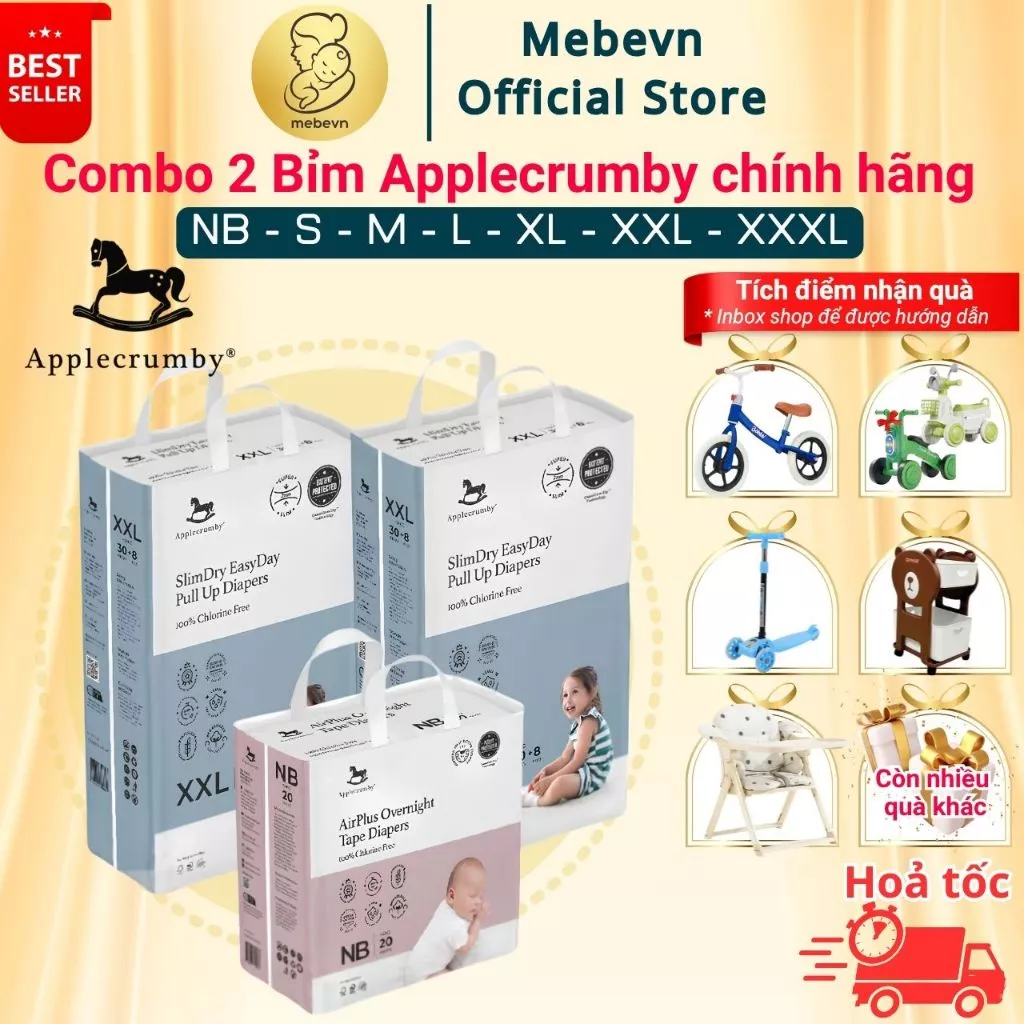 Combo 2 bỉm Applecrumby Slim + Overnight, bỉm đêm Applecrumby Overnight đủ size NB/S/M/L/XL/XXL