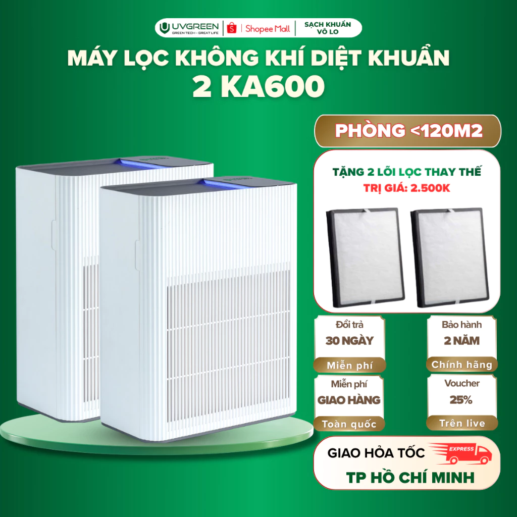 [TẶNG 2 LỌC] Combo 2 Máy Lọc Không Khí Diệt Khuẩn UVC LED UVGREEN KA600 60m2 - Công Nghệ Hiện Đại