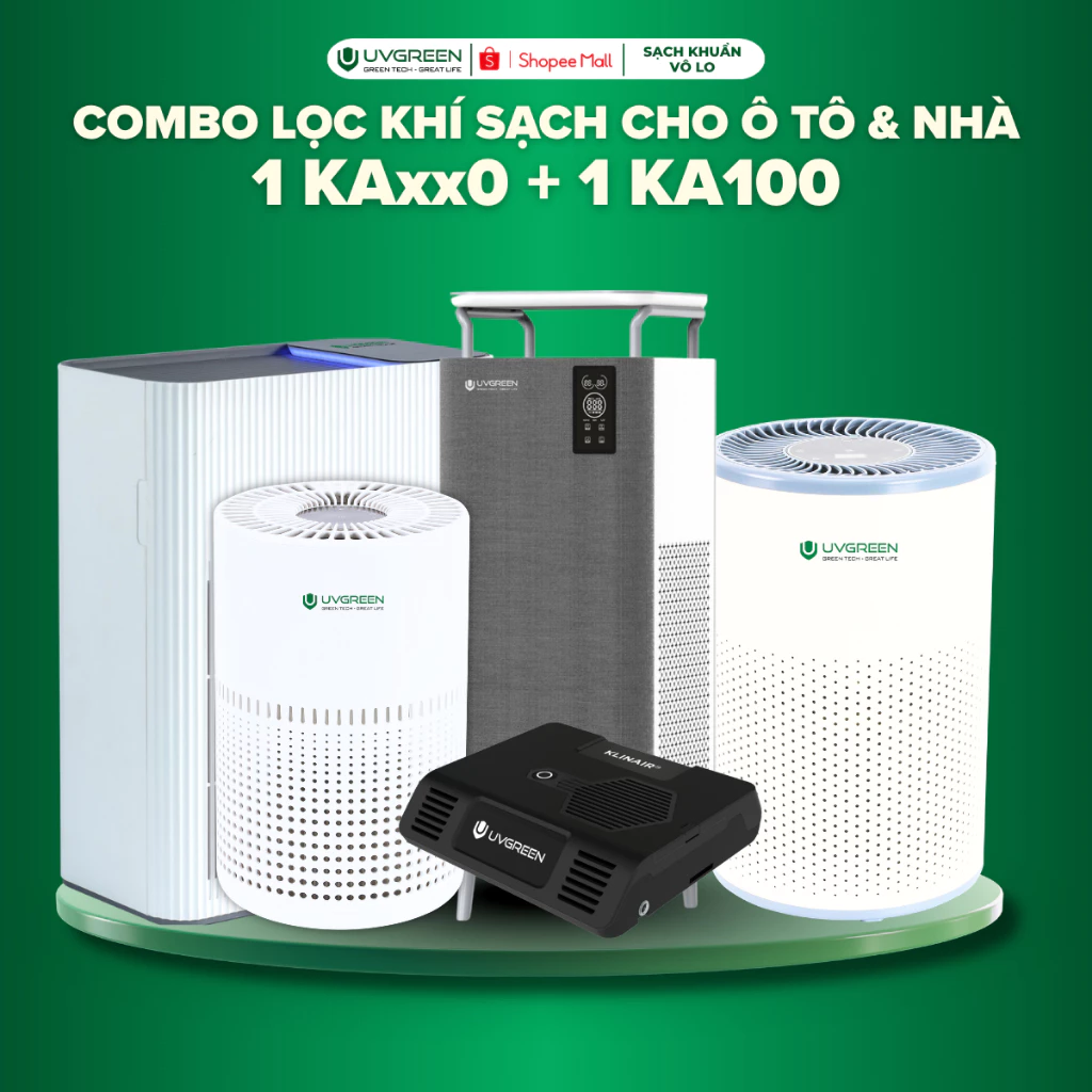 [TẶNG 4 LỌC] Combo Máy Lọc Không Khí Diệt Khuẩn UVGREEN KAxxx Và KA100 Cho Nhà Và Ô Tô, UVC Led & ION Âm, Lọc Bụi