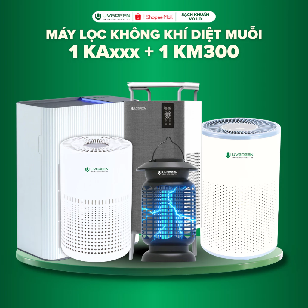 Combo Máy Lọc Không Khí Diệt Muỗi UVGREEN KAxx & KM300, UVC LED & ION Âm Diệt Khuẩn, UVA Diệt Muỗi