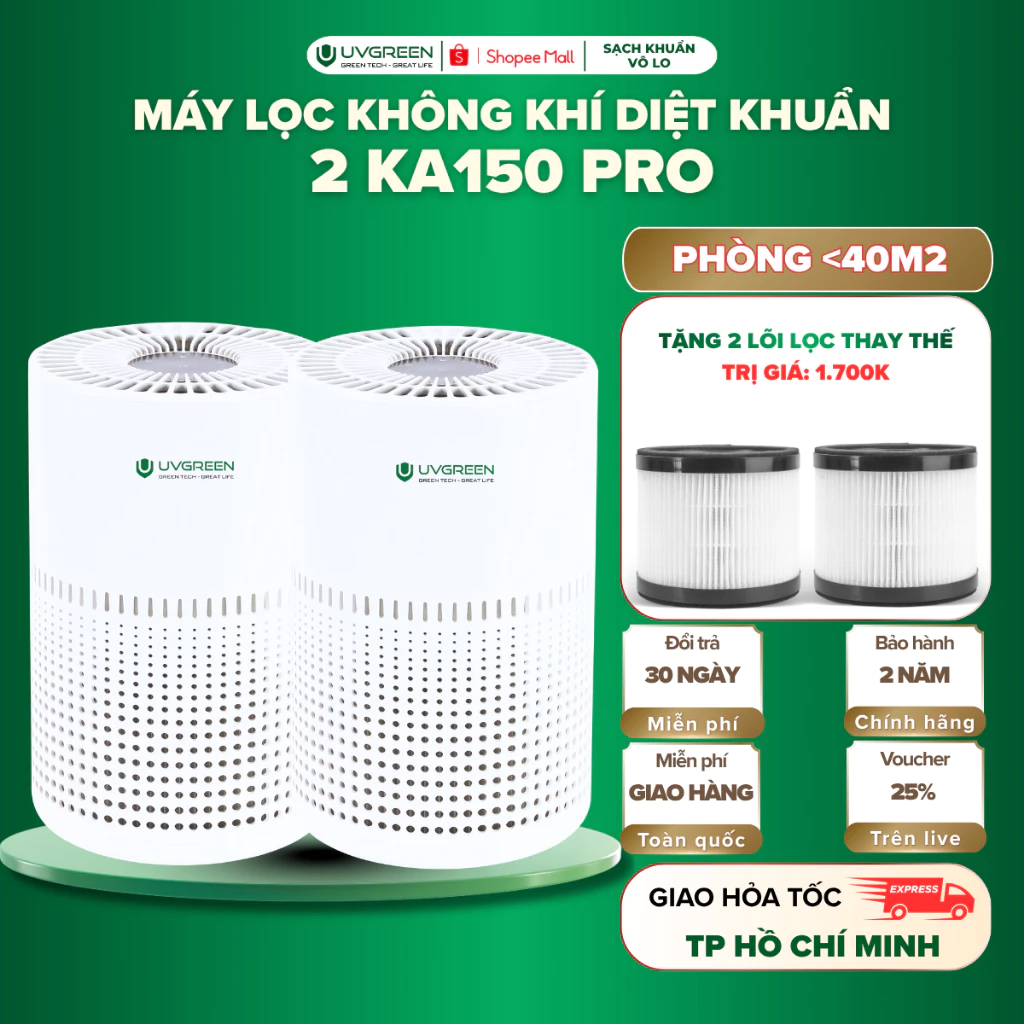 [TẶNG 2 LỌC] Combo 2 Máy Lọc Không Khí Diệt Khuẩn UVGREEN KA150 20m2, HEPA H13 Lọc Bụi Mịn, UVC Led Diệt Khuẩn, Tinh Dầu