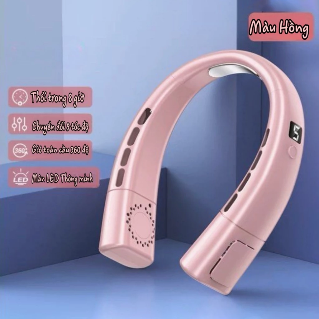 Quạt Tích Điện Đeo Cổ Thế Hệ Nâng Cấp Động Cơ Mạnh Mẽ 5 Tốc Độ Gió Pin Trâu