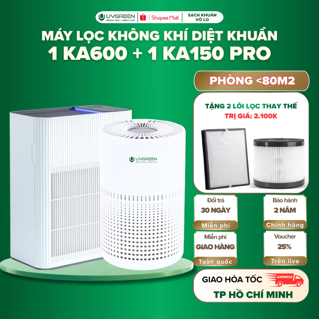 [TẶNG 2 LỌC] Combo Máy Lọc Không Khí Diệt Khuẩn UVGREEN KA600 & KA150 Pro, UVC LED ION Âm Diệt Khuẩn