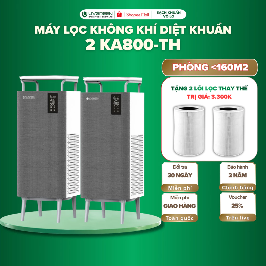 [TẶNG LỌC] Combo 2 Máy Lọc Không Khí Diệt Khuẩn UVGREEN KA800-TH -80m2 - Công Nghệ UVC LED và Ion âm, Lõi HEPA H13