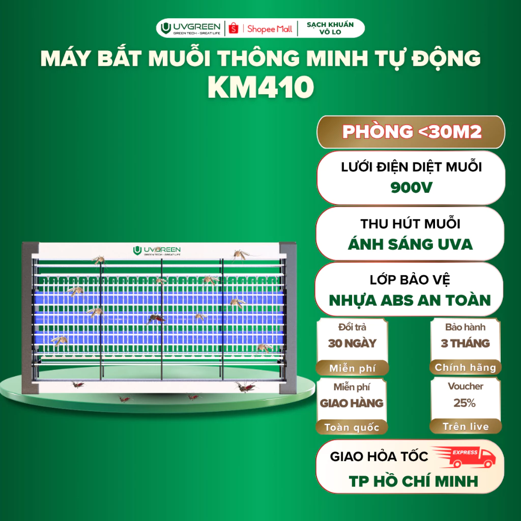 Máy Bắt Muỗi Tự Động UVGREEN KM410, Công Suất 8W, Tiết Kiệm Điện, UVA Led Thu Hút Muỗi, Bảo Hành 3T