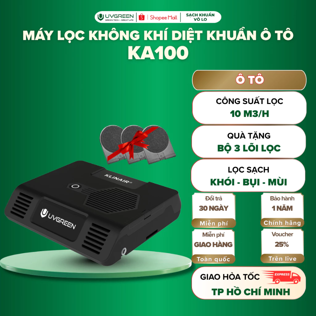 [TẶNG 3 LỌC] Máy Lọc Không Khí Diệt Khuẩn Ô Tô UVGREEN KA100, Khử Mùi, Lọc Bụi - Công Nghệ UVC LED