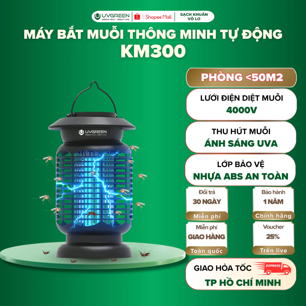 [HO] Máy Bắt Muỗi Ruồi Và Côn Trùng Thông Minh UVGREEN KM300 & KM400 Series, Công Suất 16W Tiết Kiệm Điện