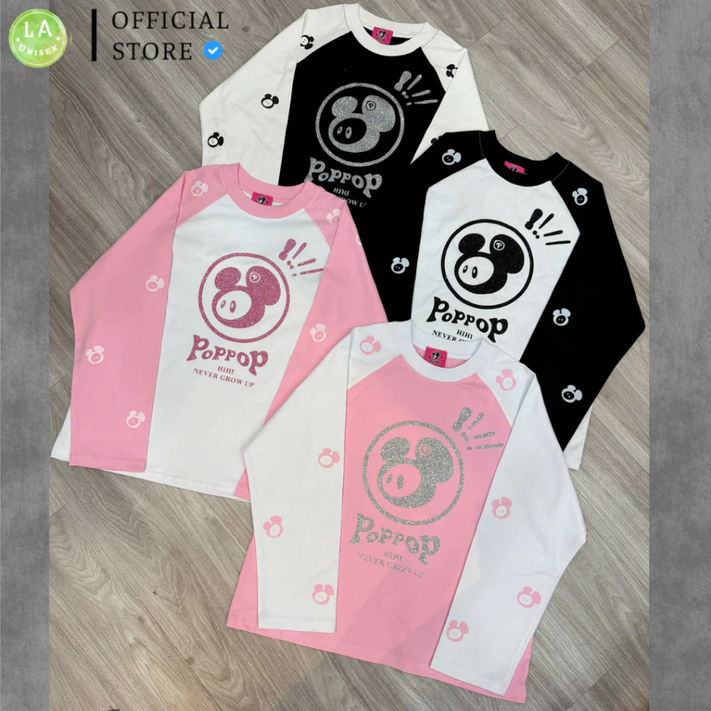Áo Thun Tay Dài RagLan PopPop In Kim Tuyến Không Bong Tróc Siêu Dễ Thương Vải Cotton Đầy Đủ Tag Mạc