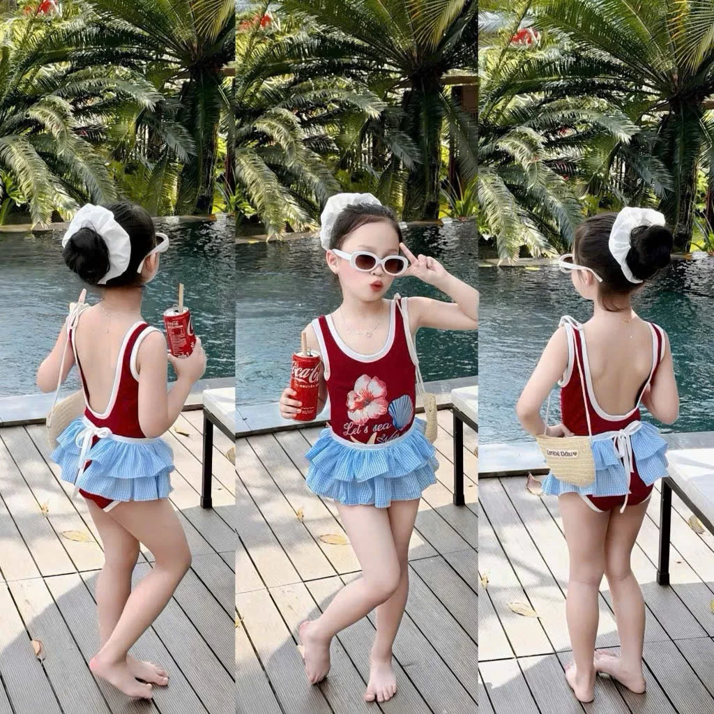 Set 3 món đồ bơi cho bé gái sz 8-30kg, bikini 2 mảnh cho bé gái kèm dây buộc tóc
