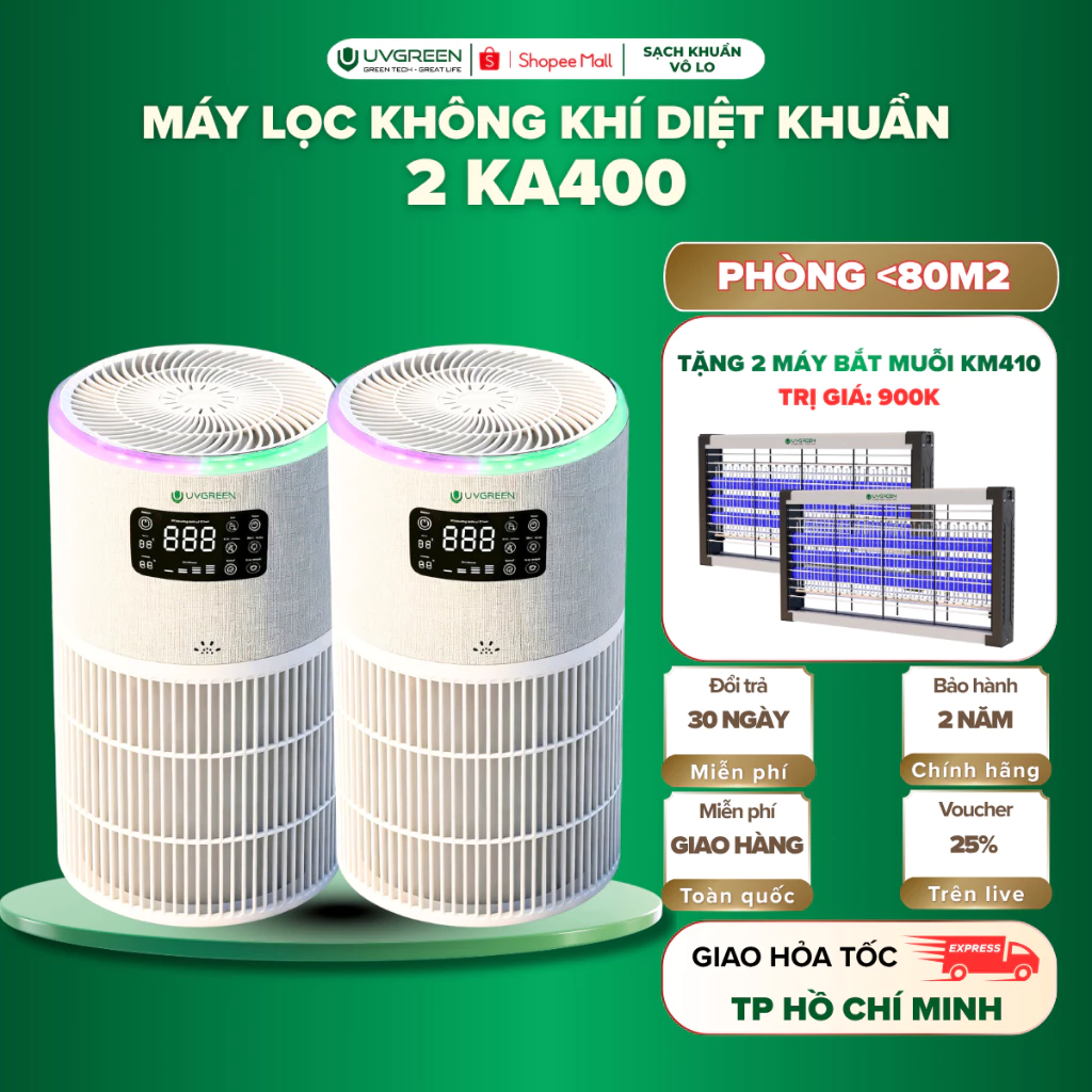 [TẶNG 2 BẮT MUỖI] Combo 2 Máy Lọc Không Khí UVGREEN KA400, UVC LED & Ion Âm Diệt Khuẩn, Lọc Lông Thú Cưng