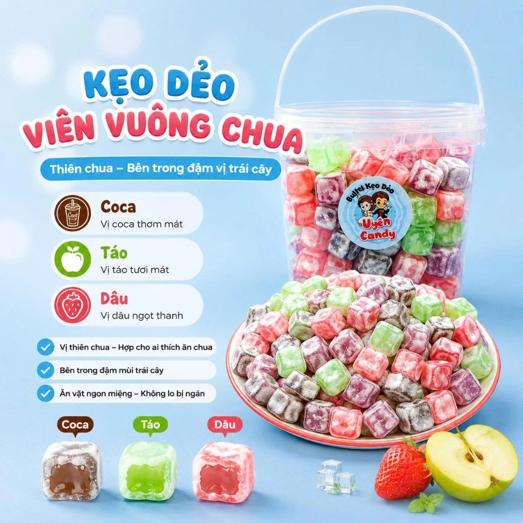 Kẹo Dẻo Viên Vuông Chua, Vị Thiên Chua Đậm Vị Trái Cây, Dành Cho Người Thích Ăn Chua