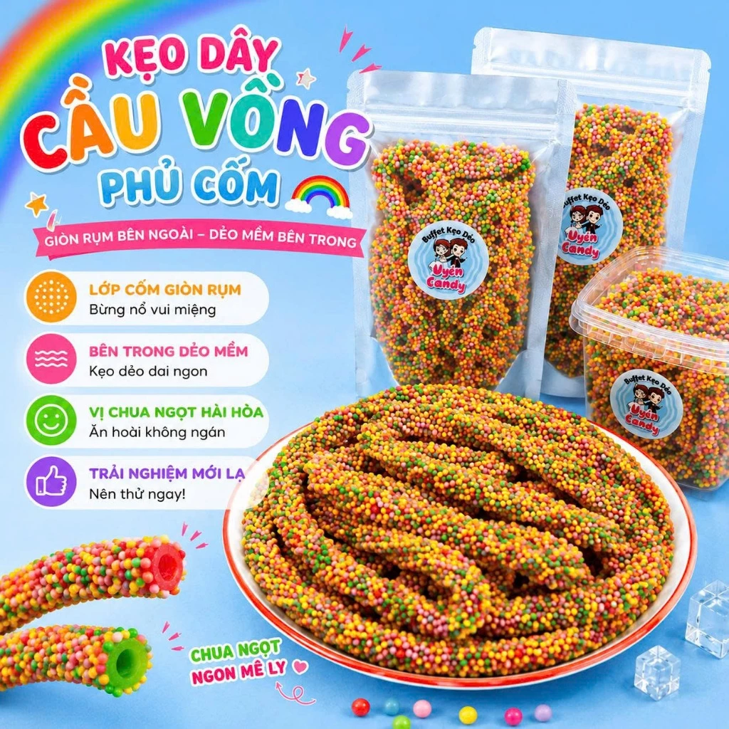 Kẹo Dây Cầu Vồng Phủ Cốm Siêu Hot Hit, Bên Ngoài Giòn Rụm-Trong Dẻo Thơm, Trải Nghiệm Mới Lạ Nên Thử