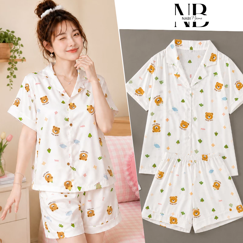 Bộ Ngủ In Hình Gấu Nâu, Lụa Xước Cao Cấp mặc ở nhà, ra ngoài đều thoải mái