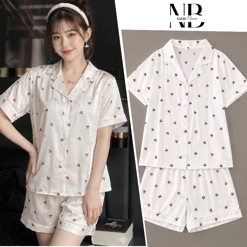 Bộ Ngủ In Hình Cherry, Lụa Xước Cao Cấp mặc ở nhà, ra ngoài đều thoải mái