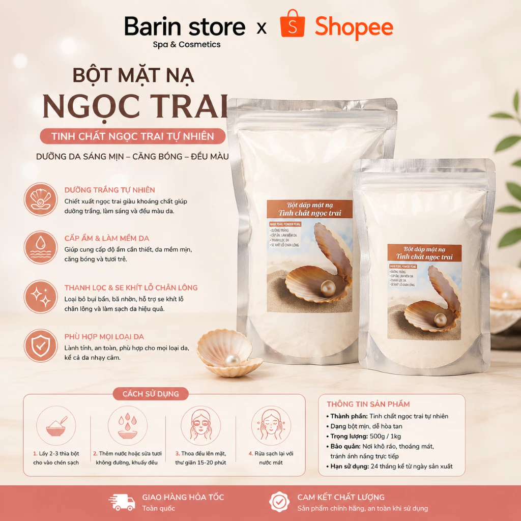 Mặt Nạ Bột Ngọc Trai Đắp Mặt Trắng Sáng Da Se Khít Lỗ Chân Lông Bột Nạ Spa