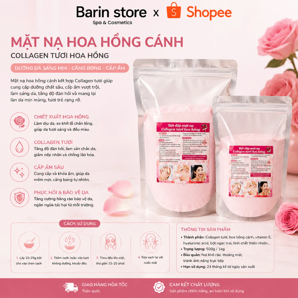 Bột Dẻo Mặt Nạ Hoa Hồng Collagen Cánh Hoa Hồng , Mặt Nạ Đắp Mặt Nạ Trăng Da Mịn Da