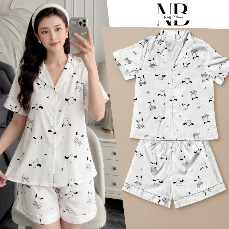 Bộ Ngủ In Hình Cún Đen, Lụa Xước Cao Cấp mặc ở nhà, ra ngoài đều thoải mái
