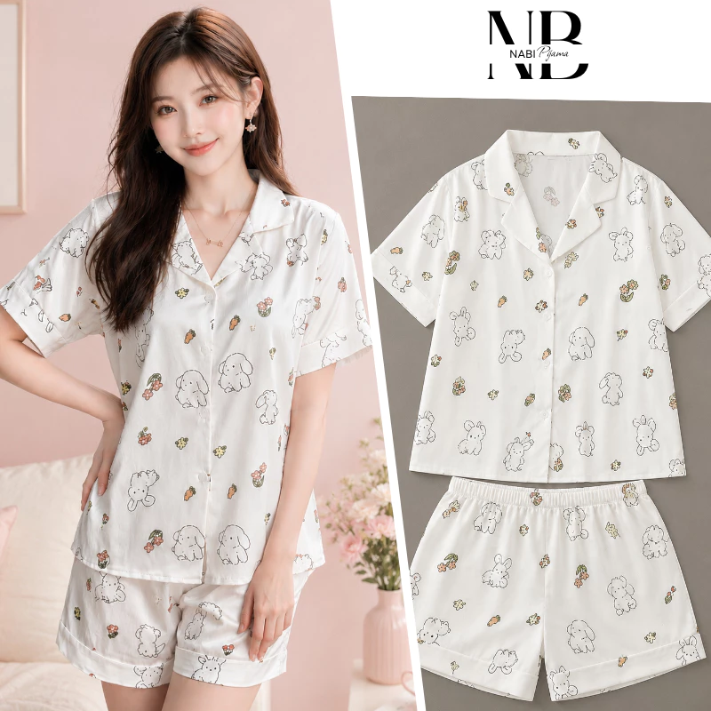 Bộ Ngủ In Hình Thỏ Hoa, Lụa Xước Cao Cấp mặc ở nhà, ra ngoài đều thoải mái
