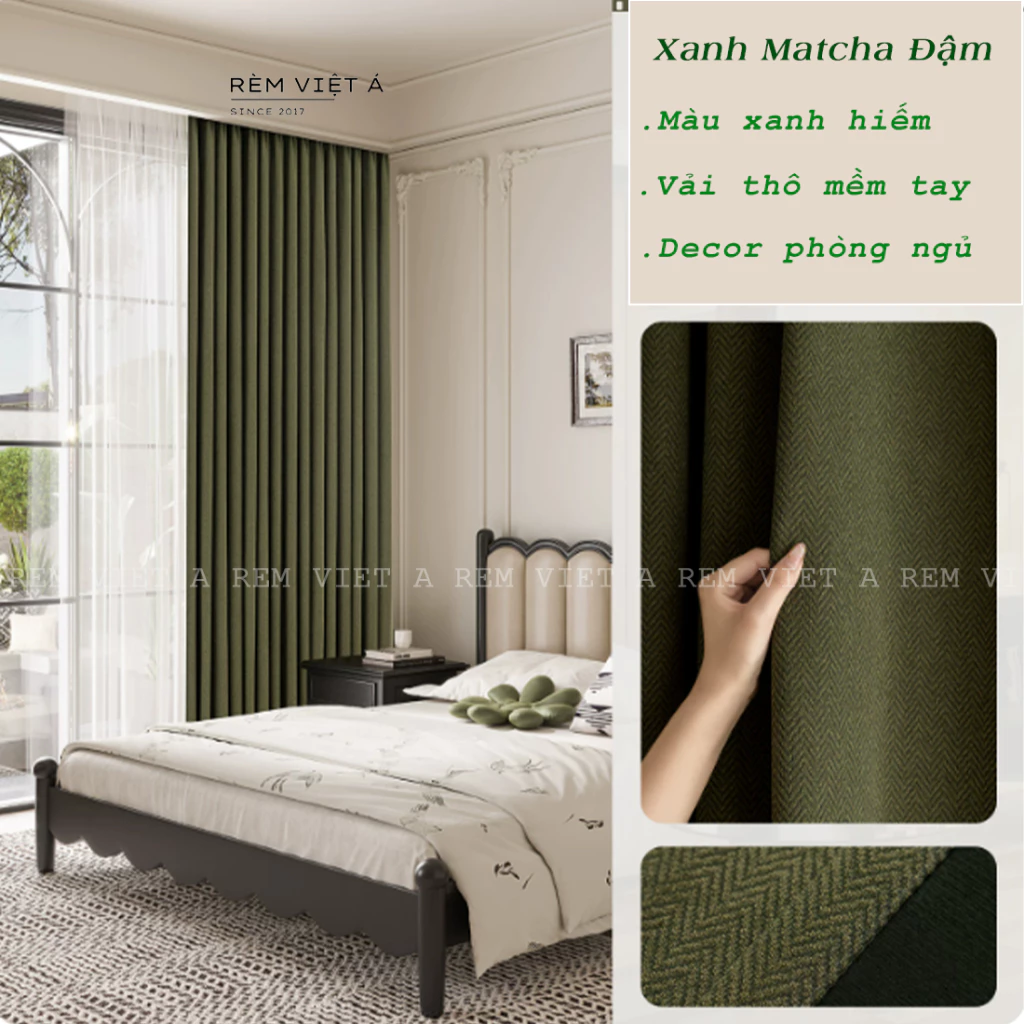 Rèm Màu Xanh Matcha - Chất Vải Thô Cao Cấp, Dệt 4 Lớp Sợi, Họa Tiết Xương Cá Trang Trí Phòng Ngủ, Phòng Khách