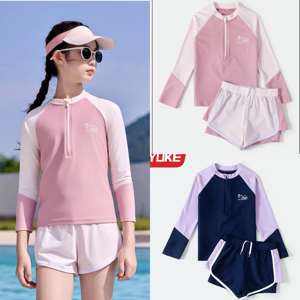 Đồ bơi cho bé gái áo dài tay quần đùi sz 10-65kg, đồ bơi mẹ bé chống nắng giữ nhiệt họa tiết đảo dừa