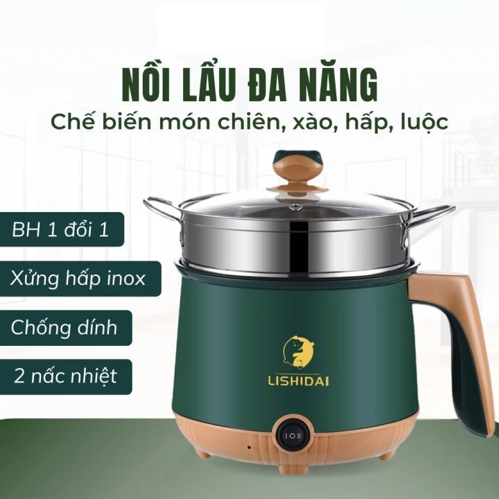Nồi Lẩu Điện Mini 2 Tầng Kèm Giá Hấp Đa Năng Nướng, Luộc, Chiên Chống Dính Vân Đá Tiện Lợi DKSTORE