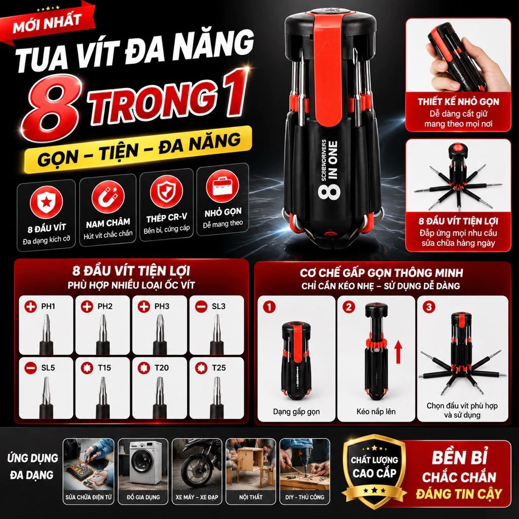 🔧 Bộ Tuốc Nơ Vít Đa Năng 8 Trong 1 Có Đèn LED – Dụng Cụ Sửa Chữa Gia Đình Tiện Lợi tua vít 8in1