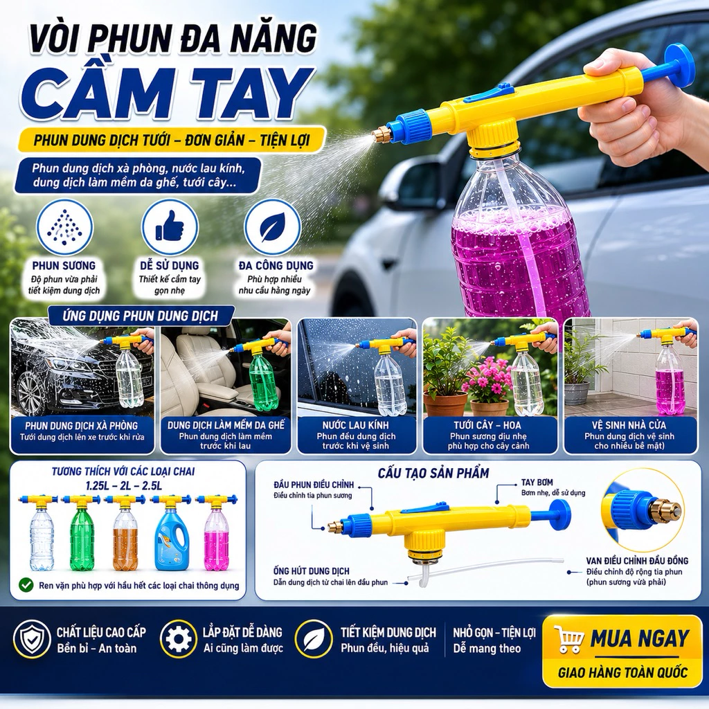 Phun Nước / Bọt rửa xe Mini Cầm Tay Gắn Chai Nhựa | Dụng Cụ Tưới Cây Rửa Xe Xịt Thuốc Tiện Lợi