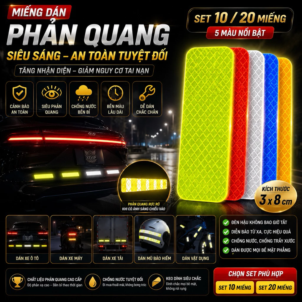 Set 10 20 miếng Decal Dán Phản Quang 8x3cm Cảnh Báo An Toàn – Tem Dán Xe Máy Ô Tô Chống Trầy, Nổi Bật Ban Đêm