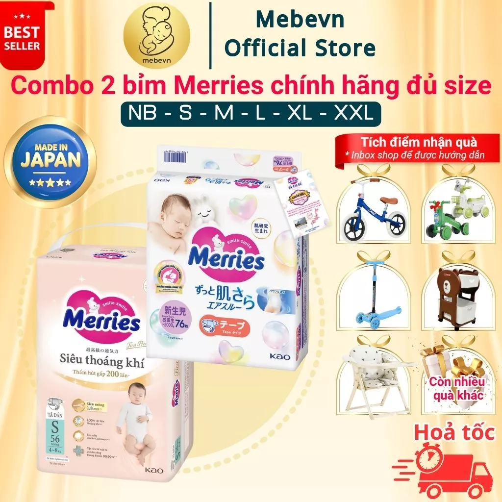 Combo 2 bịch bỉm Merries chính hãng , bỉm merries nội địa Nhật siêu khô thoáng size NB/S/M/L/XL/XXL
