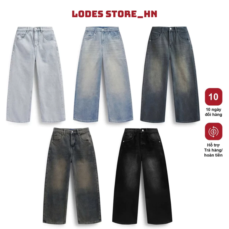 Quần Jean Nam Ống Rộng Form Suông Cạp Cao Nhiều Màu Chất Liệu Denim Cao Cấp Phong Cách Retro LODES