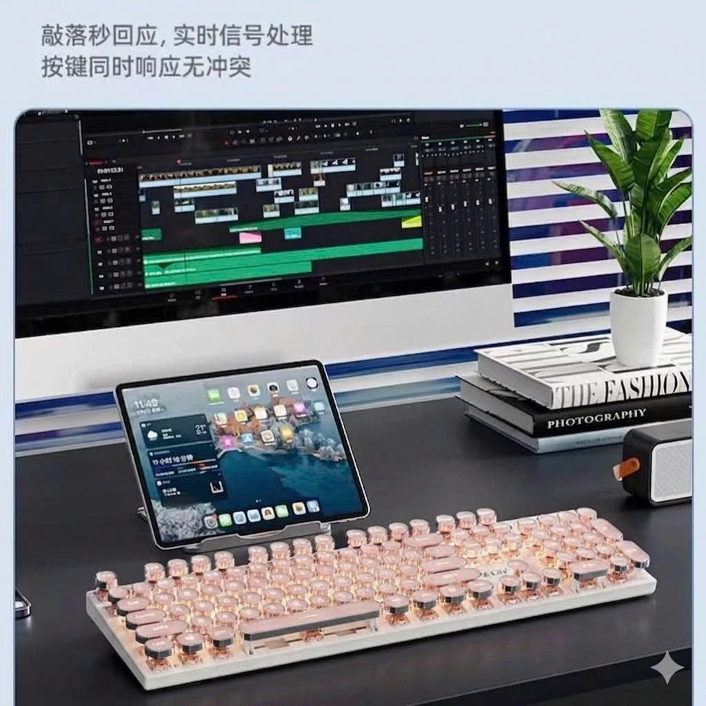 Bàn Phím Cơ Retro Typewriter 104 Phím Gaming Màu Hồng Trắng Cute, Anti Ghosting 26 Phím, Keycap ABS