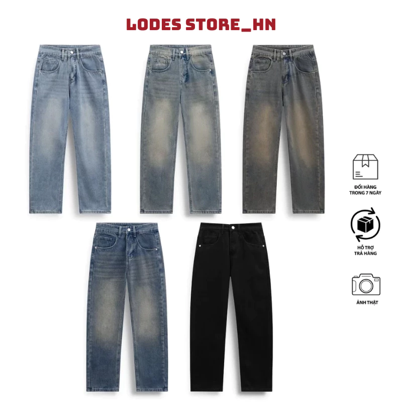 Quần Jean Dài Nam Ống Đứng Form Suông Rộng Màu Wash Vintage Chất Denim Mềm Phong Cách Hàn Quốc LODES