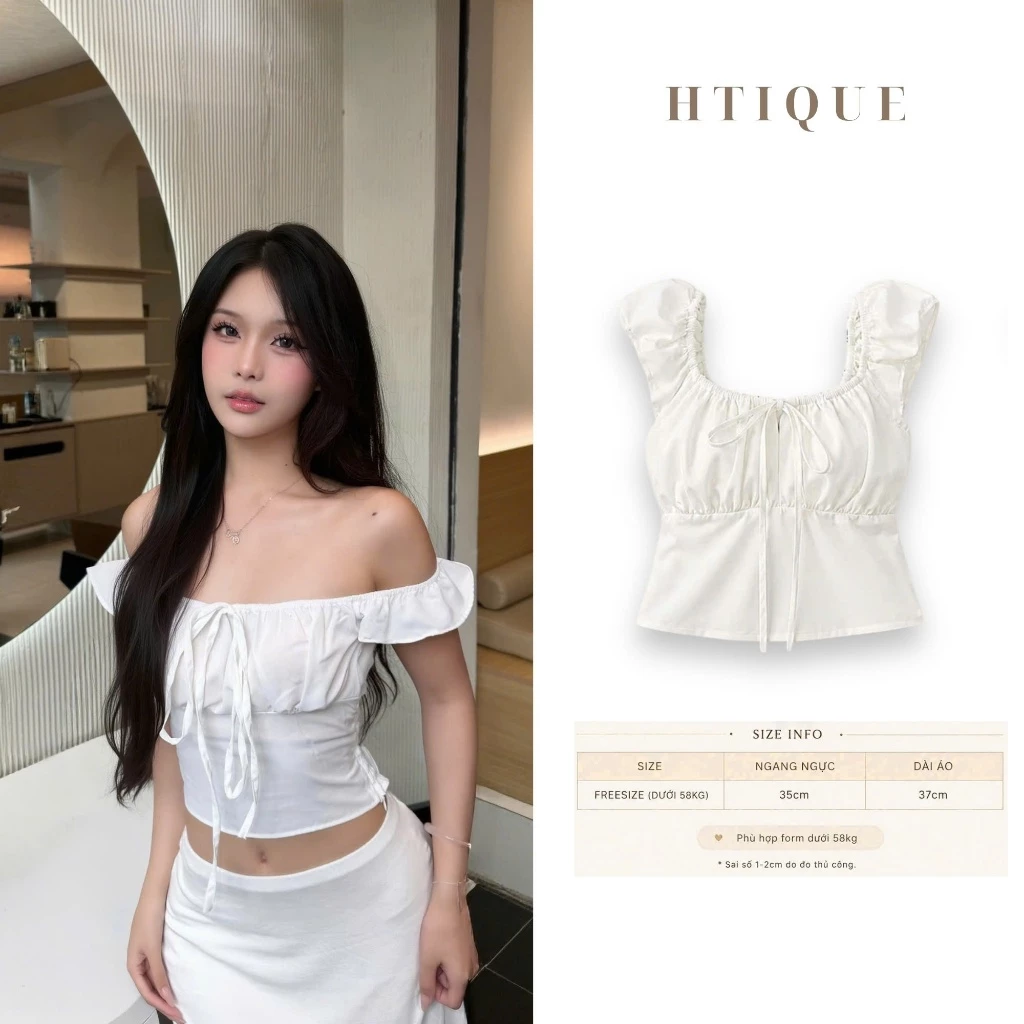 HTIQUE - Áo trễ vai croptop bèo nhún buộc nơ nữ tính Ruffle Tie Top, Áo kiểu nữ mùa hè tiểu thư nhẹ nhàng AQ11