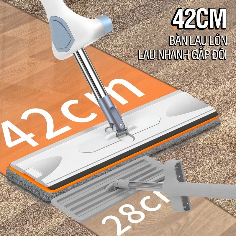 Chổi Lau Nhà Tự Vắt Thông Minh Cỡ Lớn, Cây Lau Nhà 360 Độ Bàn Lau To 42CM Có Đầu Gạt Bụi Bẩn