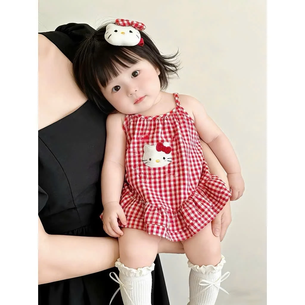 (Tặng scrunchies) Váy baby doll kẻ ca rô mèo con dễ thương cho bé gái 8-18kg