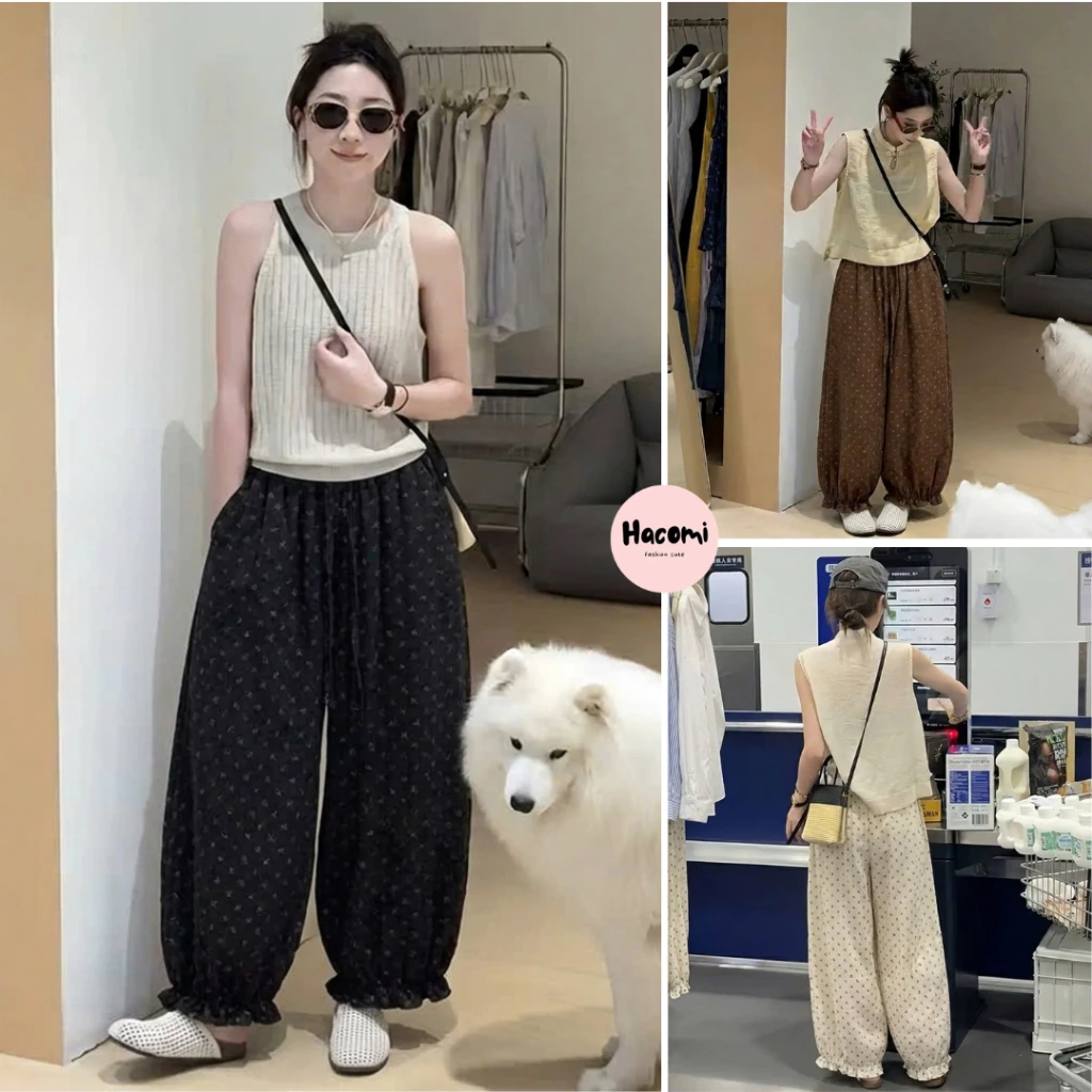Quần boom nữ ống rộng chân phối bèo hottren thoải mái, quần hoa nhí ulzzang hàn quốc