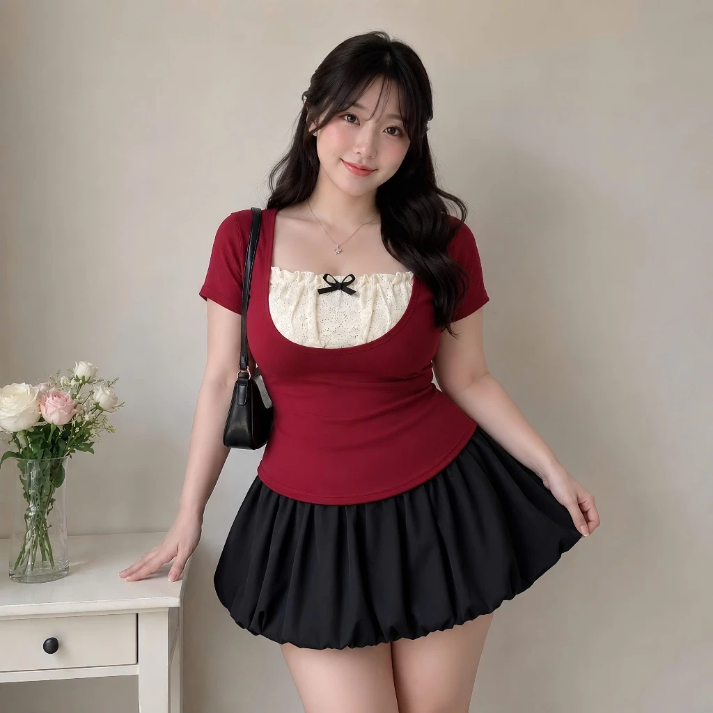 Set Bộ Bigsize Nữ Áo Thun Tay Ngắn Cổ Vuông Phối Ren Nơ Vải Ruby Kèm Váy Bí Xòe Bồng Chất Xoa SET948