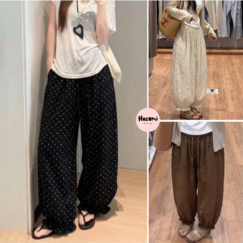 Quần dài họa tiết hoa nhí phói chân bèo dáng suông dài có dây rút, kiểu dáng basic dễ thương cạp chun hàn quốc ulzza