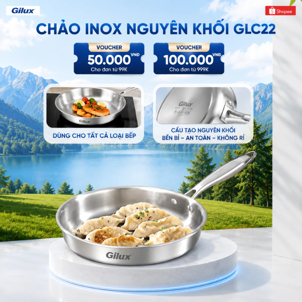 Chảo Inox Chống Dính Gilux GLC22 Đáy Phẳng Nguyên Khối Lòng Sâu Dùng Mọi Bếp
