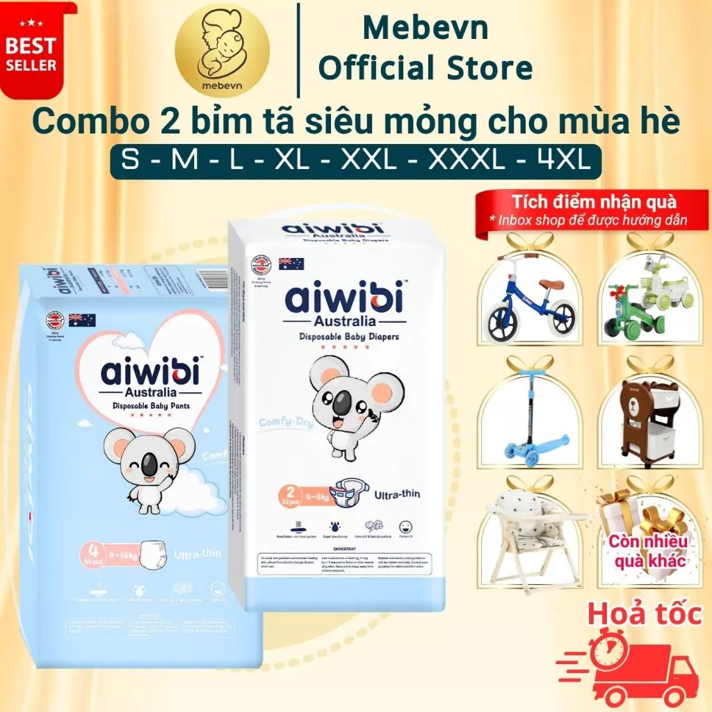 Combo 2 bịch bỉm mỏng mùa hè cho bé cao cấp Aiwibi - Australia, bỉm siêu mỏng, thoáng khí cho bé