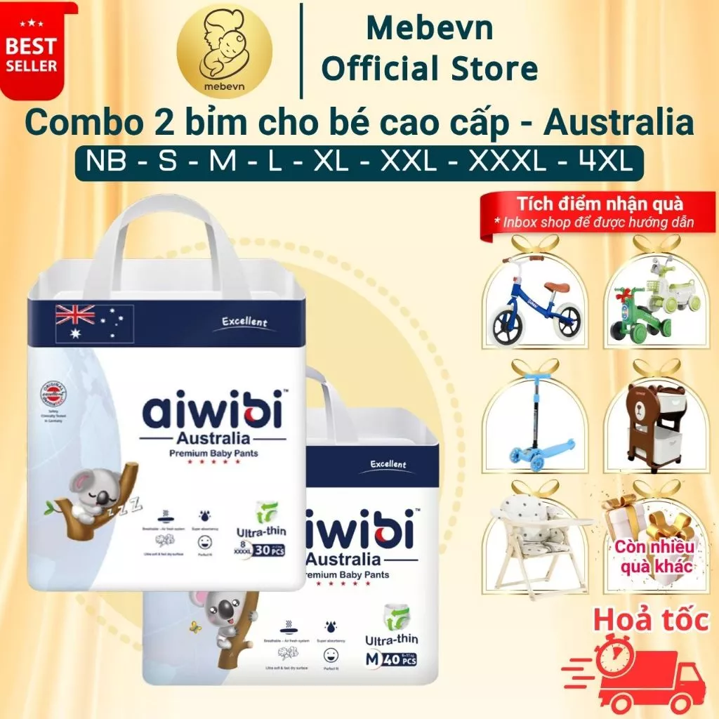 Combo 2 tã dán, tã quần cho bé Aiwibi Australia, bỉm cho bé siêu mỏng thấm hút đến 10 tiếng