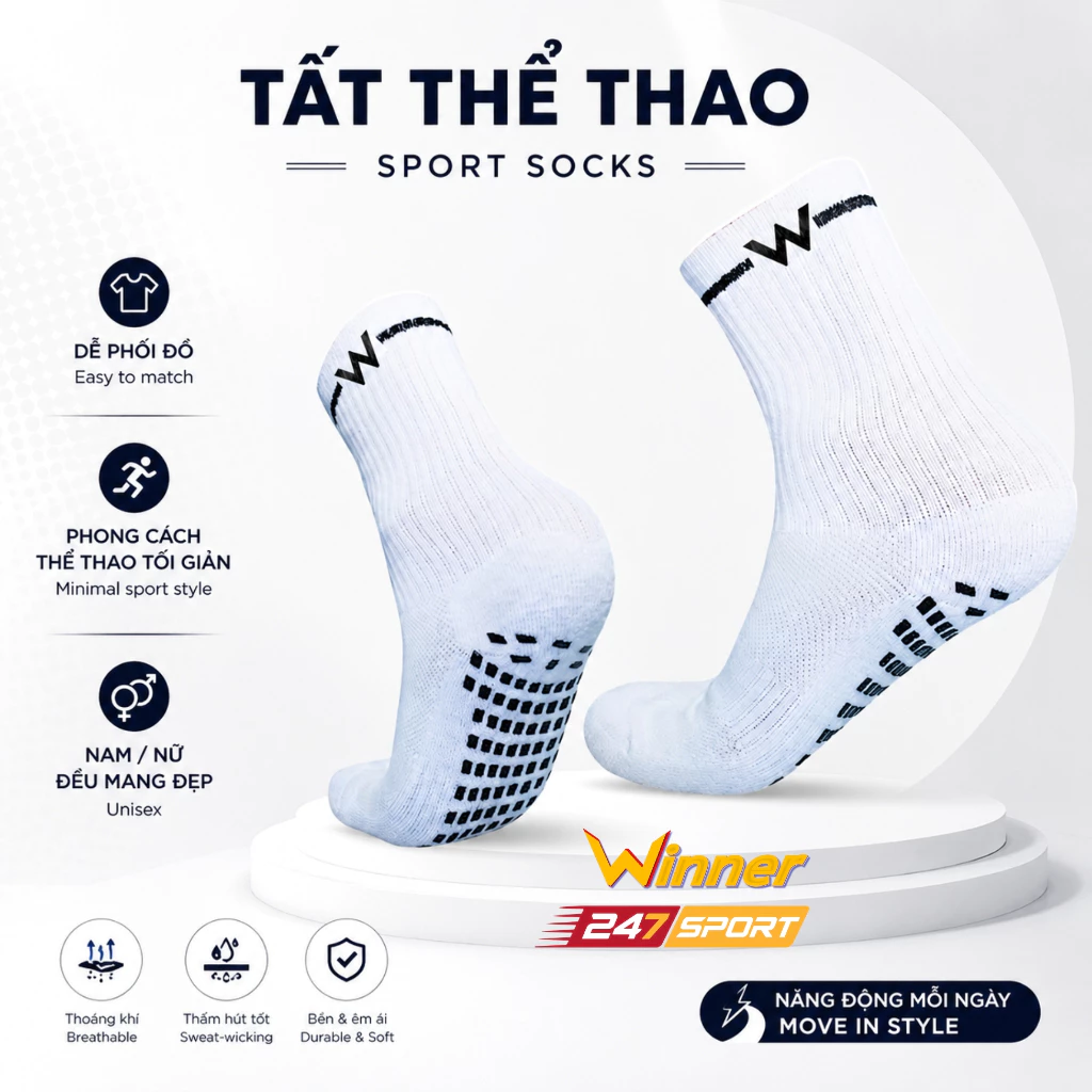 Tất chống trơn đá bóng Winner 247Sport chính hãng cotton thâm hút mồ hôi độ bền cao thể thao pickleball cầu lông chạy bộ