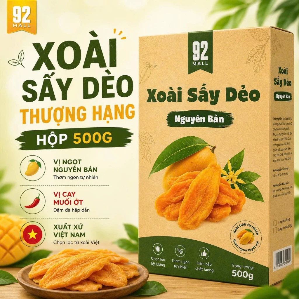Xoài Sấy Dẻo Muối Ớt 500G Loại 1 Hộp Hút Chân Không Cao Cấp, Đảm Bảo ATVSTP, Đồ Ăn Vặt Thơm Ngon