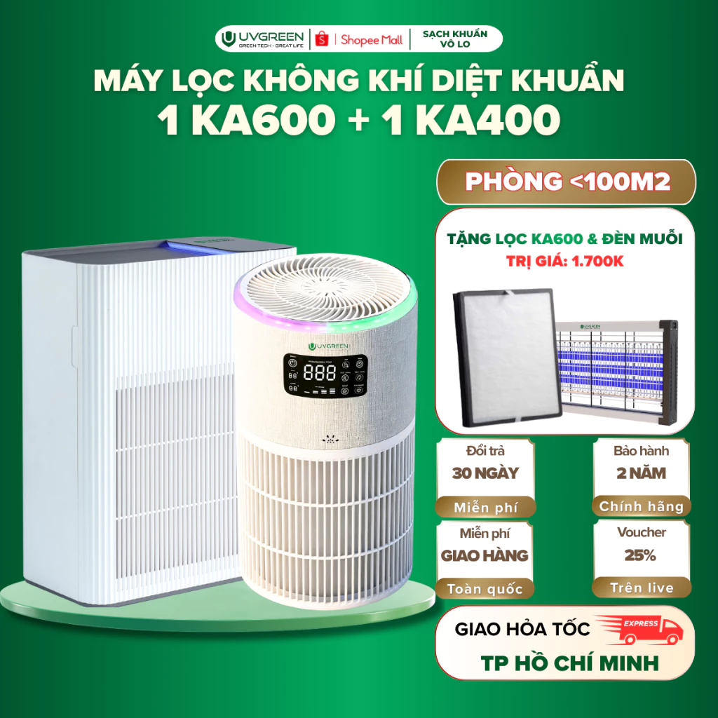 [TẶNG QUÀ] Combo 2 Máy Lọc Không Khí UVGREEN KA600 Và KA400, UVC LED & Ion Âm Diệt Khuẩn,Lọc Bụi Mịn, Lông Thú