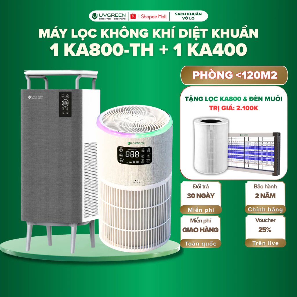 [TẶNG QUÀ] Combo 2 Máy Lọc Không Khí UVGREEN KA800-TH & KA400, UVC LED & Ion Âm Diệt Khuẩn