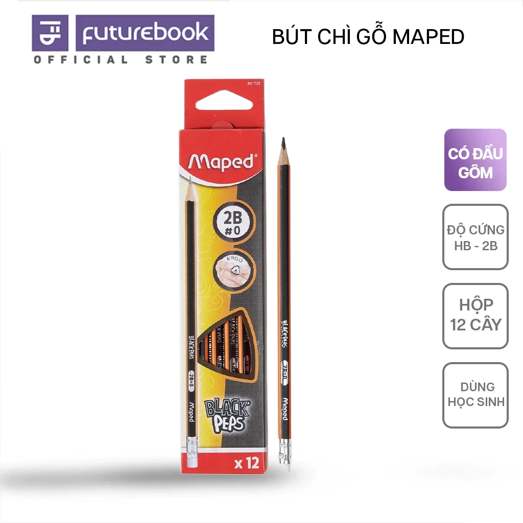 Hộp 12 Cây Bút Chì Đen Gỗ Có Gôm 2B/HB Maped FUTUREBOOK Phân Phối Chính Hãng