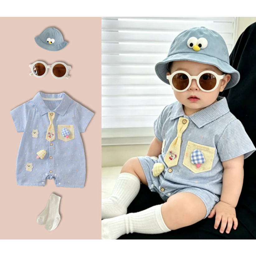 Quần áo trẻ sơ sinh mùa hè Bông Mềm tay ngắn Jumpsuit Lưới xanh và vàng onesie0-24M
