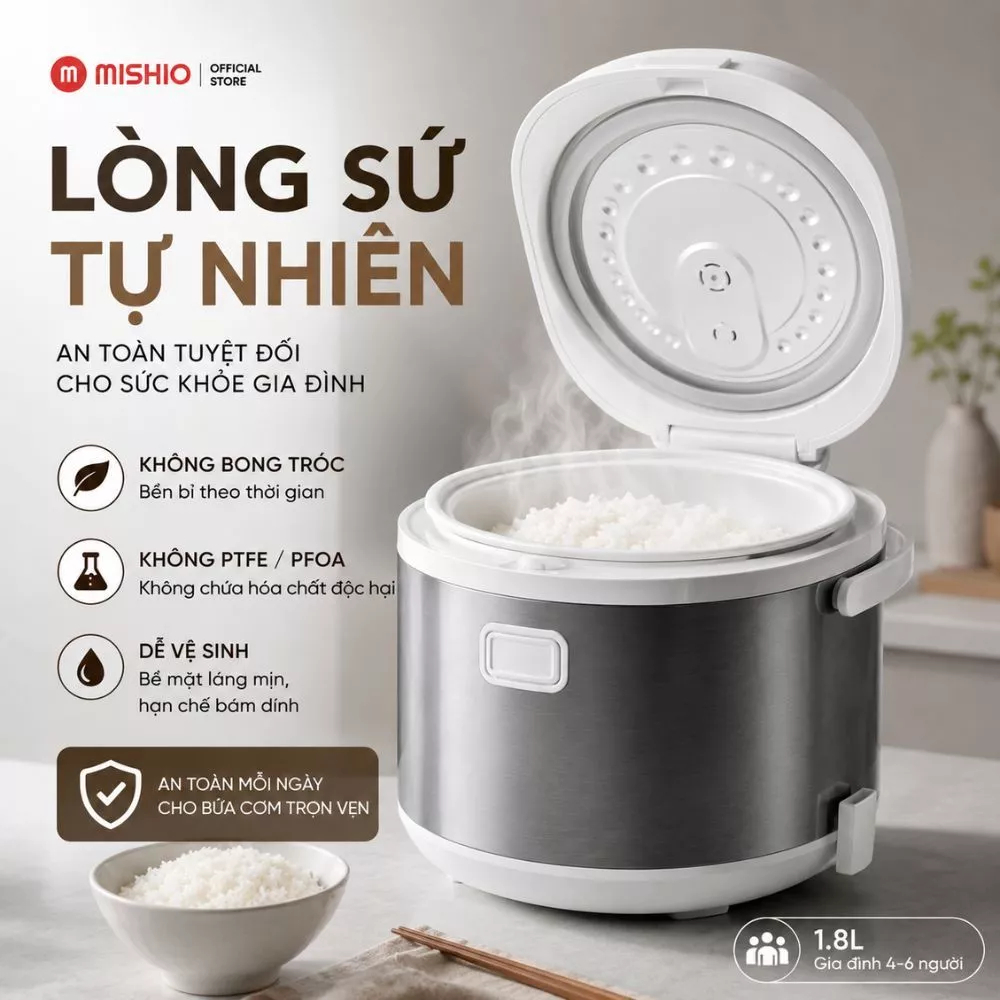 Nồi Cơm Điện Lòng Sứ 1.8Lít Mishio MK402 Không Bong Tróc Men Chống Dính Tự Nhiên