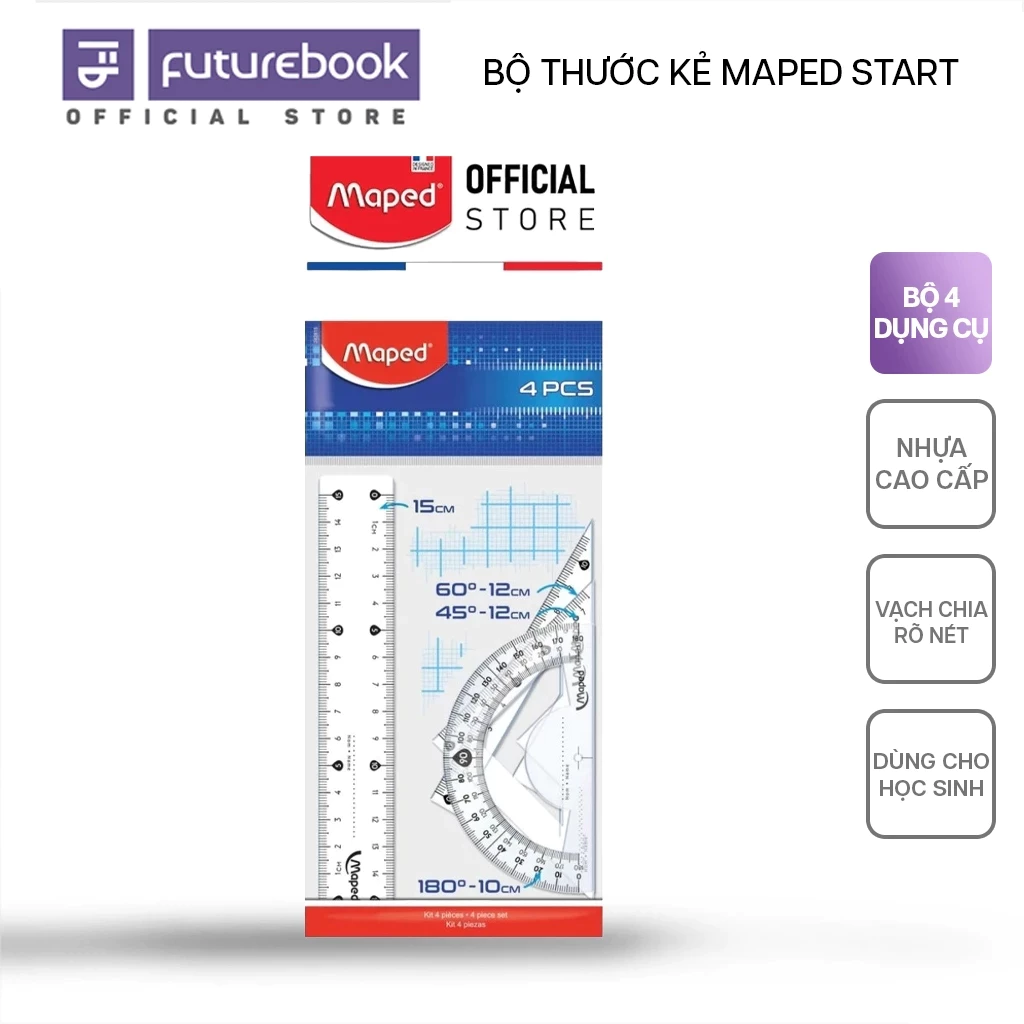 Bộ 4 Thước Học Sinh Start (15cm - 45° - 60° - 180°) Maped FUTUREBOOK Phân Phối Chính Hãng