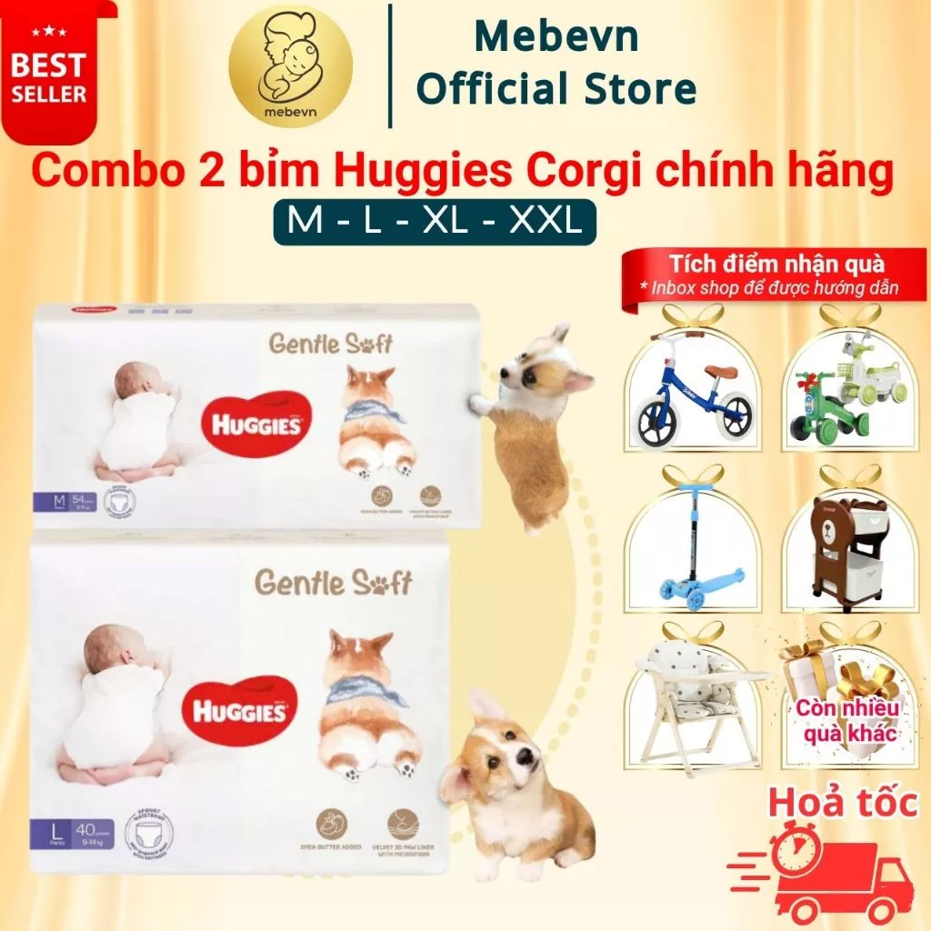 Combo 2 Bỉm Huggies Corgi cao cấp, Bỉm Huggies Gentle Soft Organic, mềm mỏng và thấm hút tốt